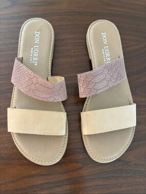 Women's Two-Band Slide Sandals in Taupe and Dusty Pink